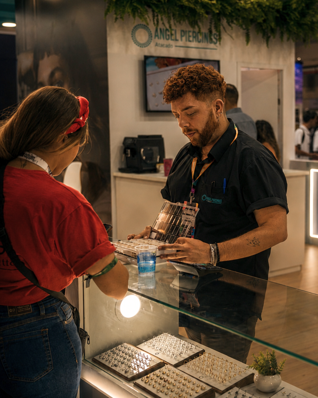 Atendimento da Angel Piercings Atacado em evento profissional